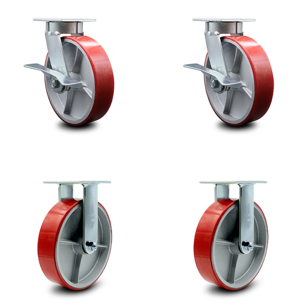 8 Inch Kingpinless Red Poly on Steel Wheel Caster Brakes 2 Rigid SCC, 2PK